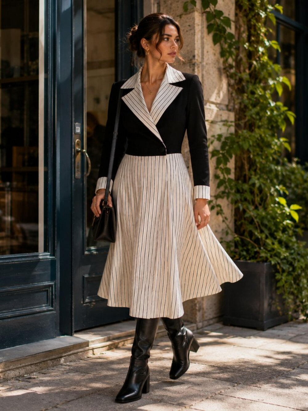 Vintage 1970s R&K Knits Black Cream Pinstripe Knit Midi Dress M